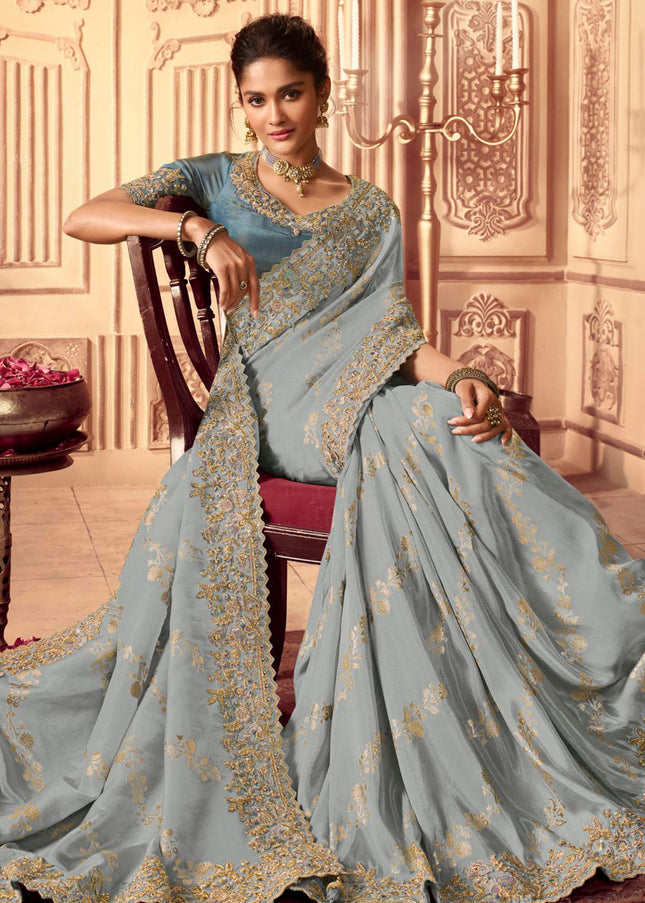 Blue Grey and Gold Embroidered Wedding Saree