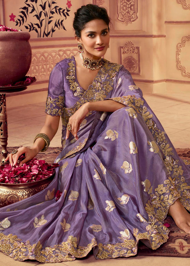 Lavender and Gold Embroidered Wedding Saree