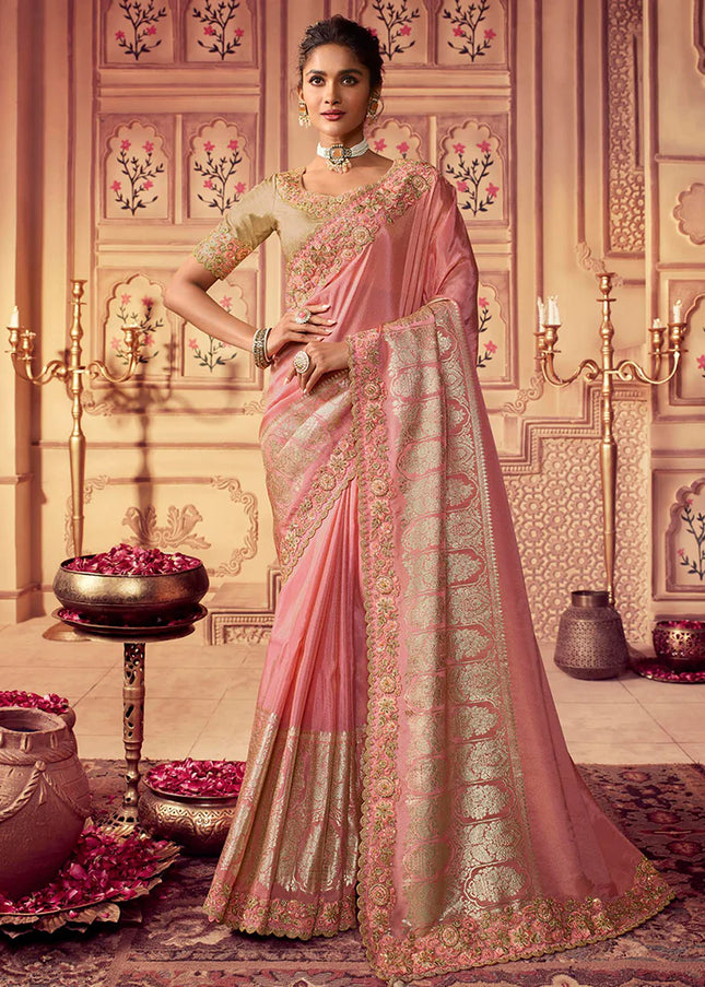 Pink and Gold Embroidered Wedding Saree