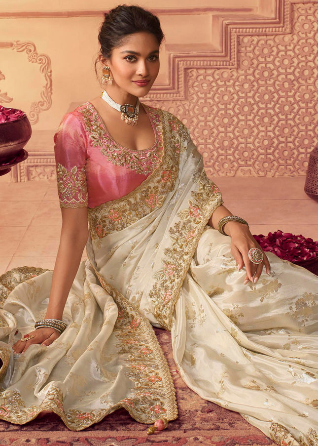 Offwhite and Pink Embroidered Wedding Saree