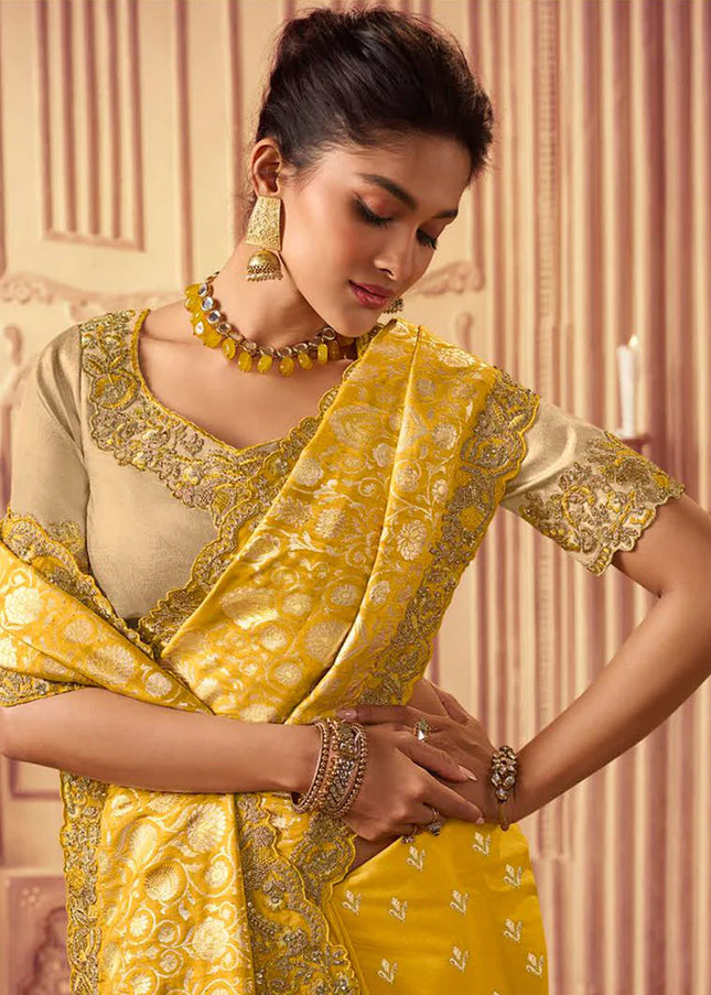 Yellow and Gold Embroidered Wedding Saree