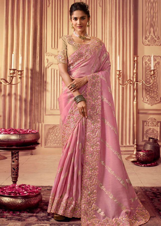 Pink and Gold Embroidered Wedding Saree