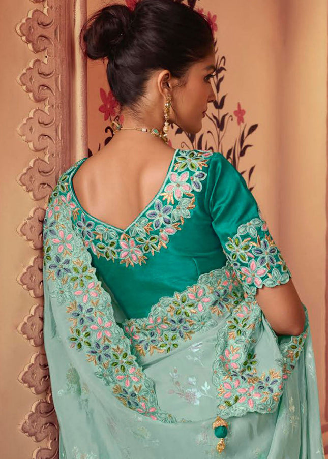 Sea Green and Gold Embroidered Wedding Saree