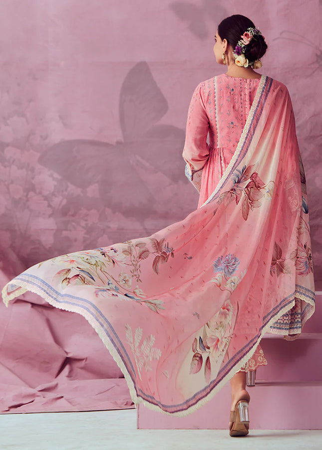 Pink Embroidered and Digital Printed Pant Style Suit