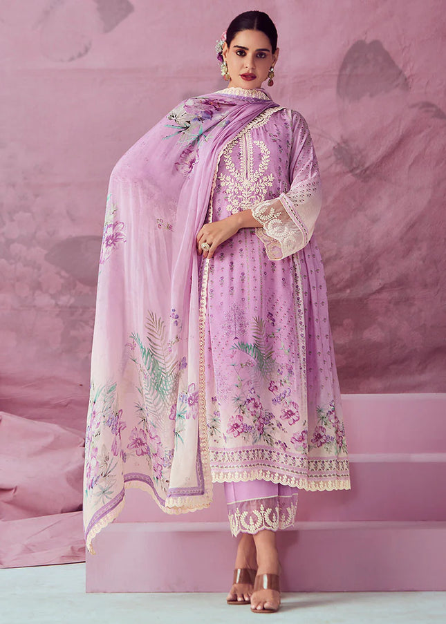 Lavender Embroidered and Digital Printed Pant Style Suit