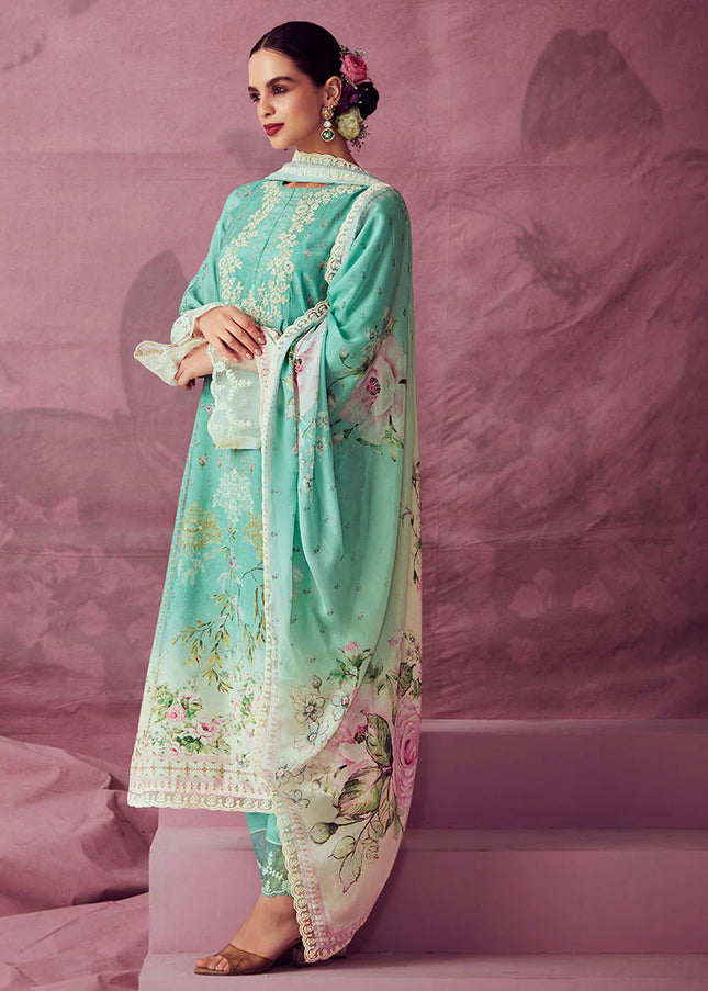 Green Embroidered and Digital Printed Pant Style Suit