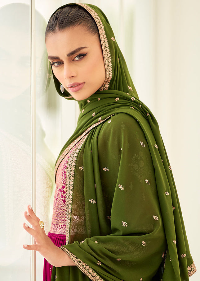 Magenta and Green Embroidered Sharara Suit