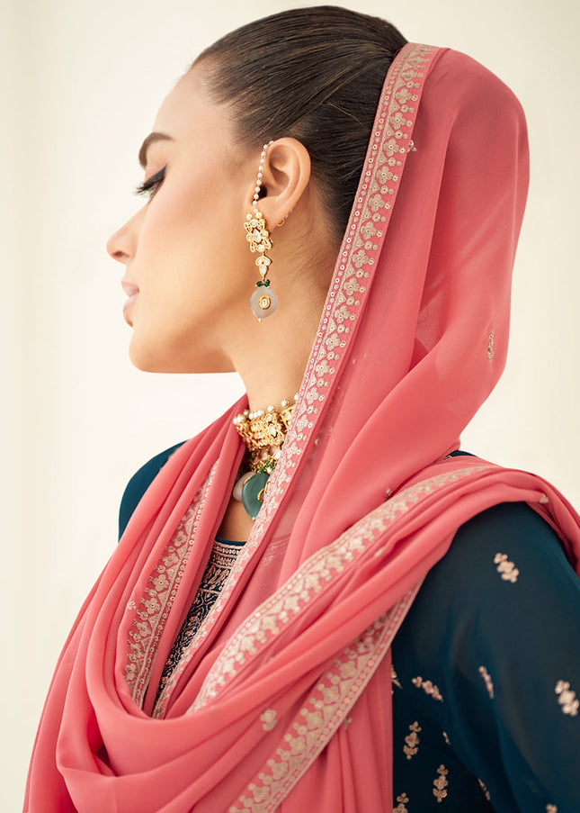 Teal and Peach Embroidered Sharara Suit