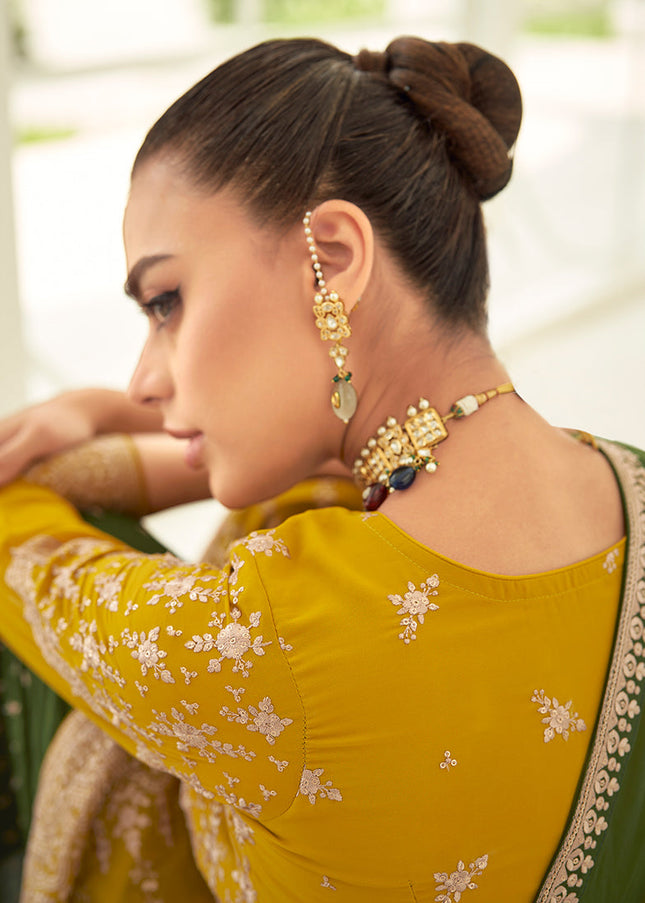 Yellow and Green Embroidered Sharara Suit