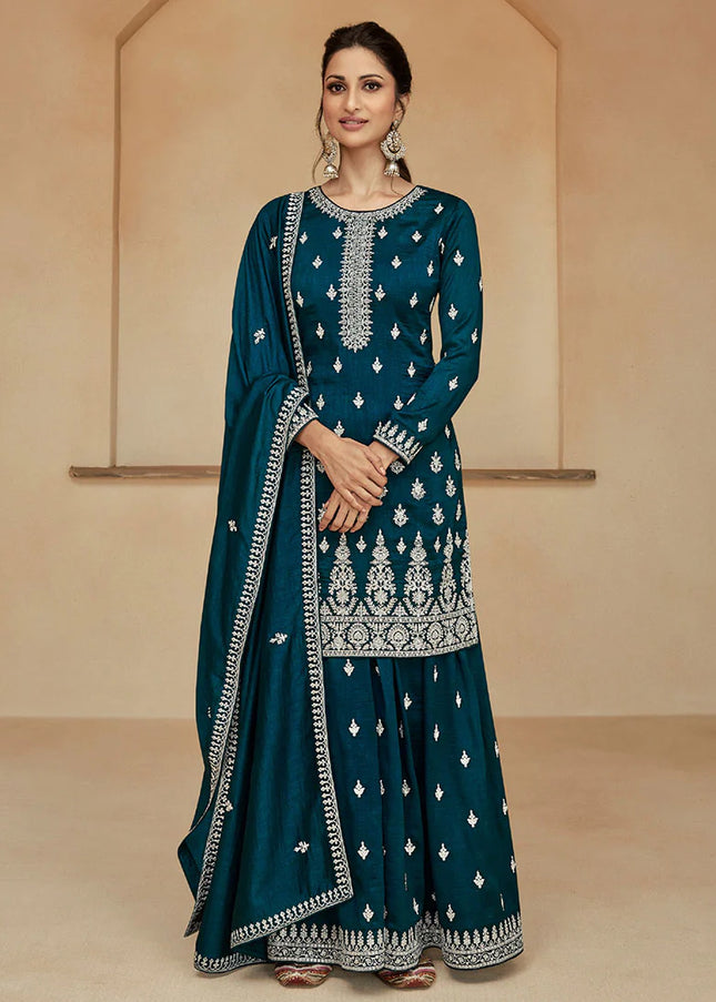 Teal Blue Embroidered Sharara Suit