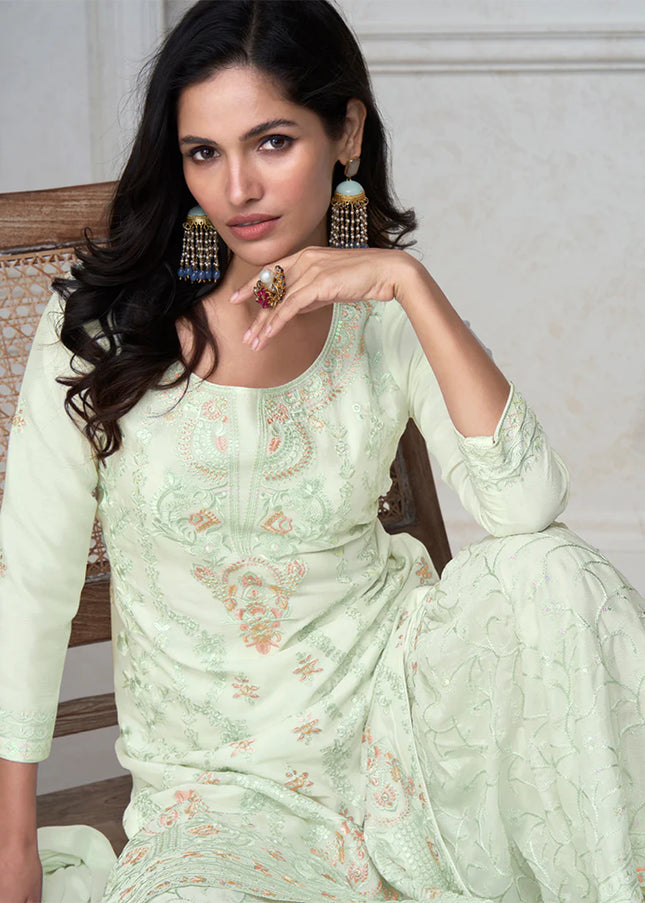 Mint Green Embroidered Gharara Suit
