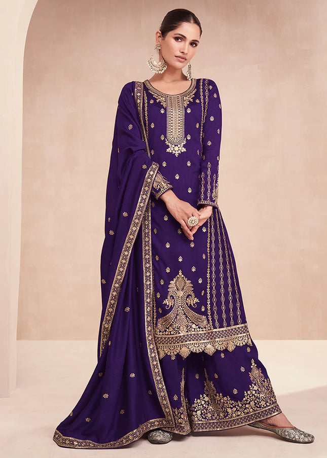 Violet and Gold Embroidered Palazzo Suit