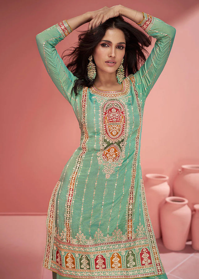 Green Multi Embroidered Palazzo Suit
