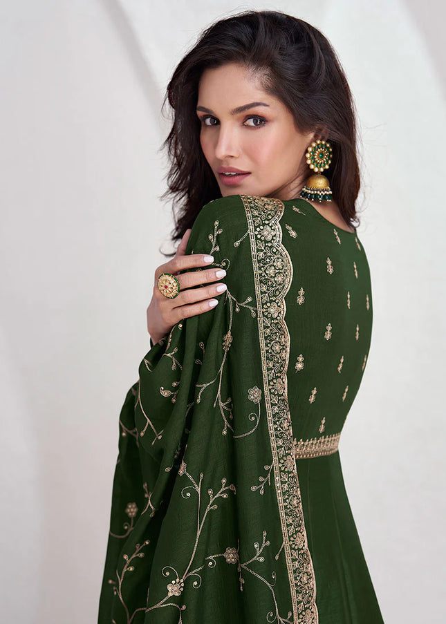 Olive Green Embroidered Anarkali Gown