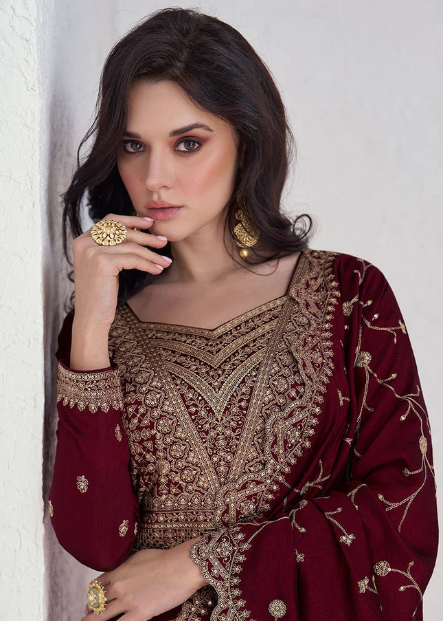 Maroon Embroidered Anarkali Gown