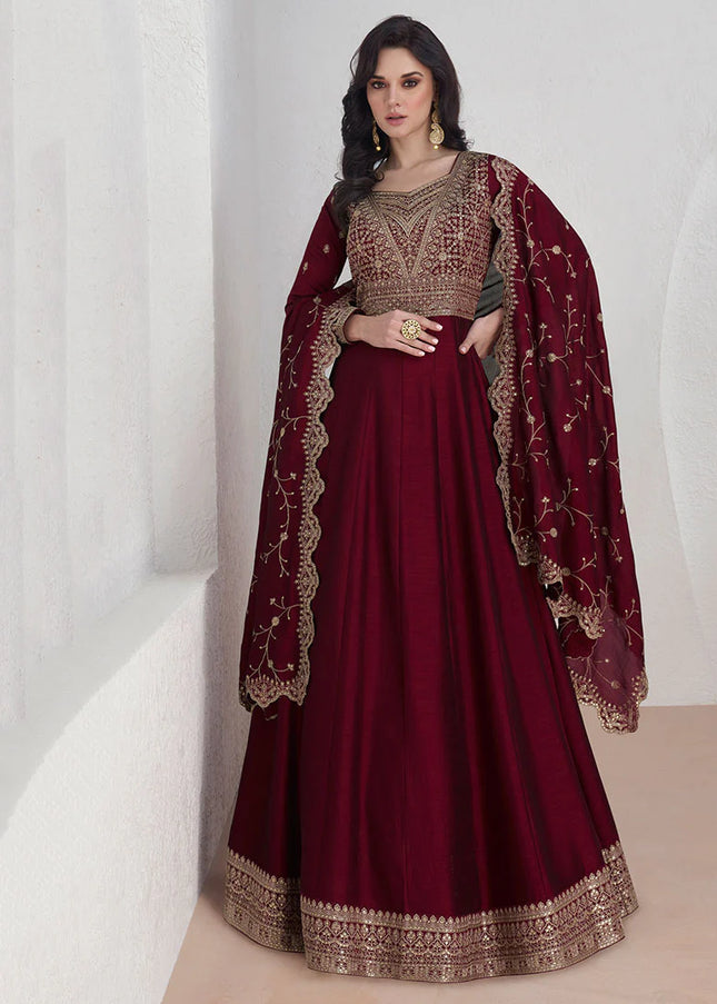 Maroon Embroidered Anarkali Gown