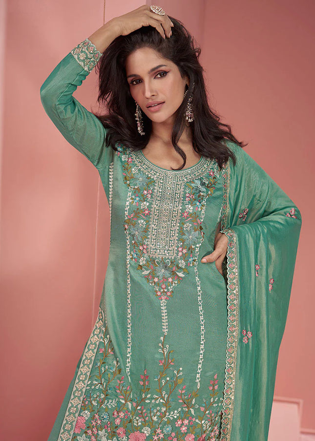 Light Green Floral Embroidered Palazzo Suit