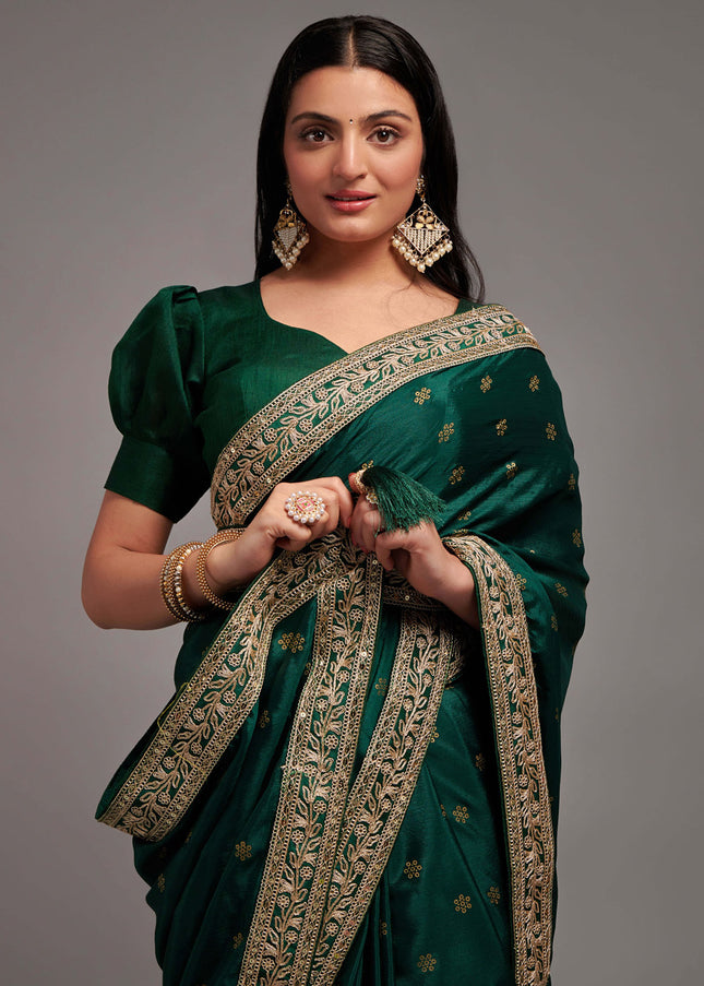 Bottle Green Embroidered Chinnon Saree