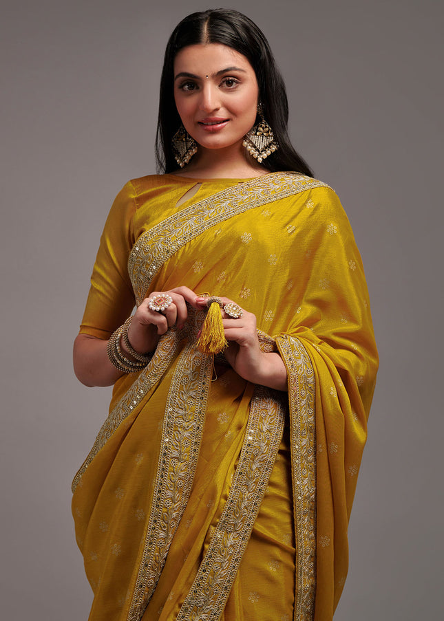 Yellow Embroidered Chinnon Saree