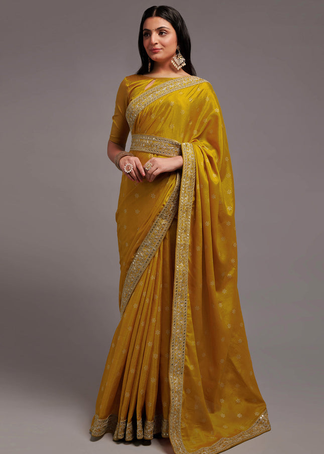 Yellow Embroidered Chinnon Saree