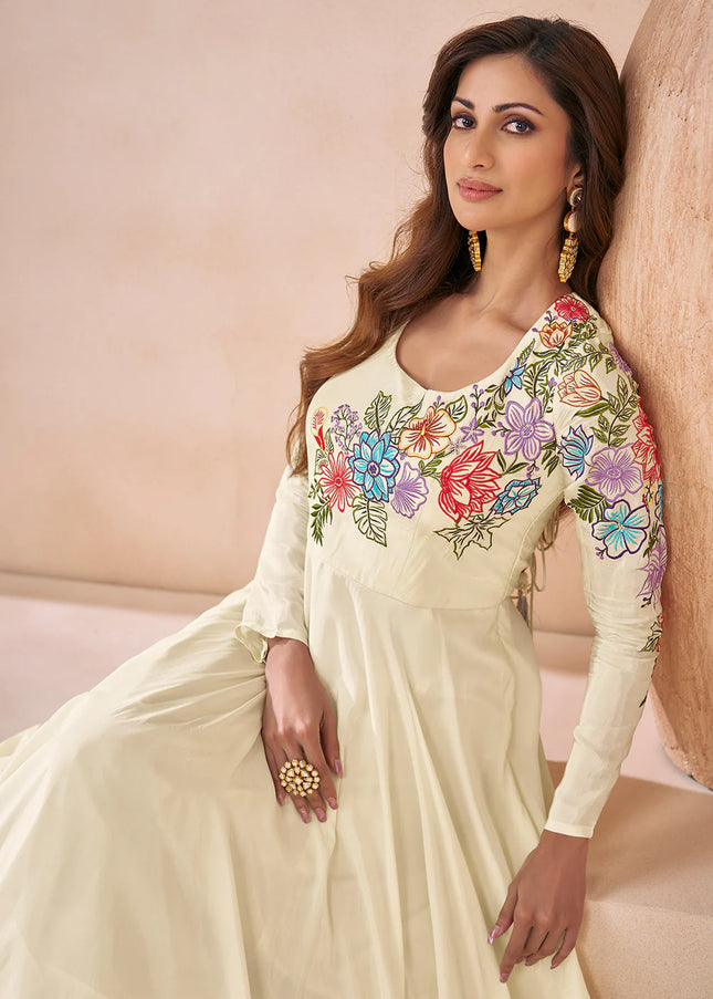 Off White Embroidered Anarkali Gown
