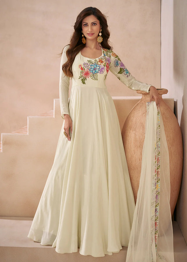 Off White Embroidered Anarkali Gown