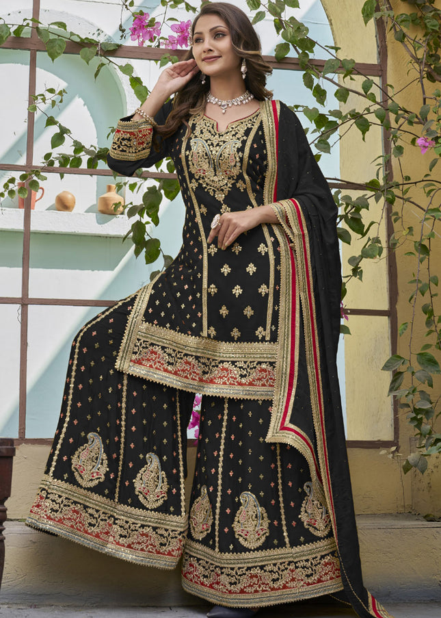 Black and Gold Embroidered Sharara Suit