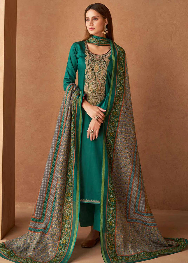 Green and Grey Embroidered Straight Suit