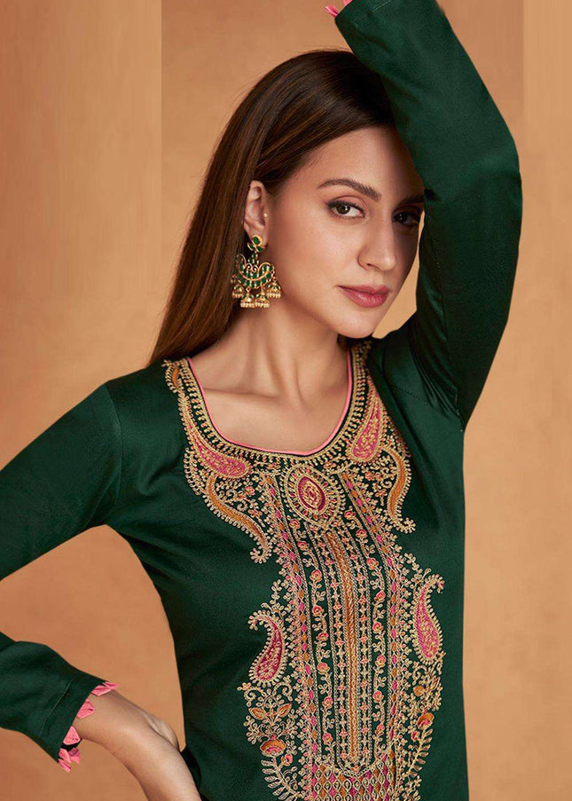 Green and Pink Embroidered Straight Suit