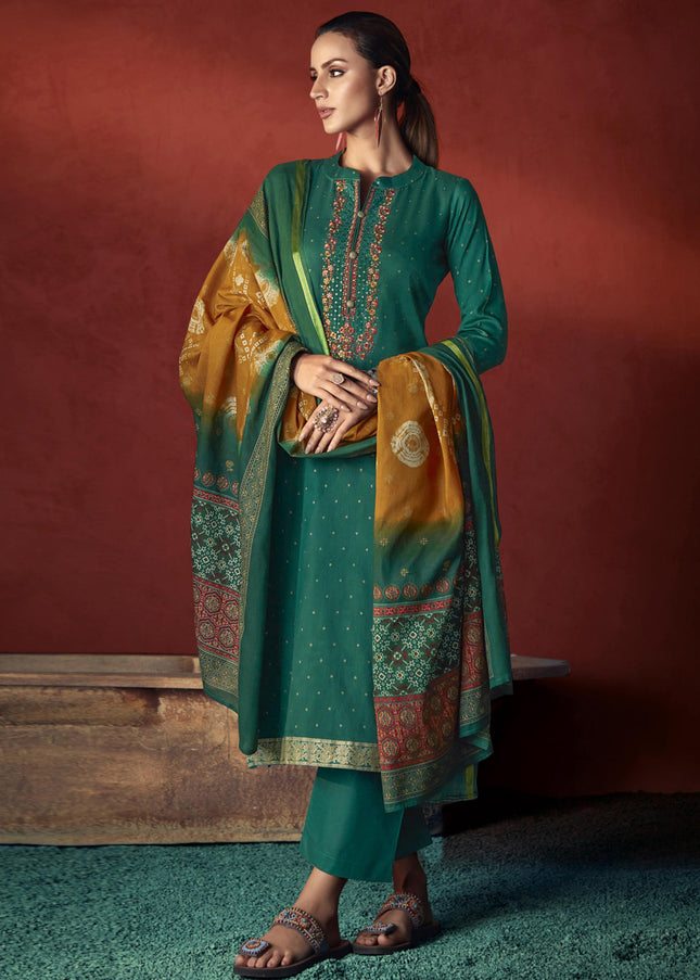 Green Embroidered Straight Cut Suit