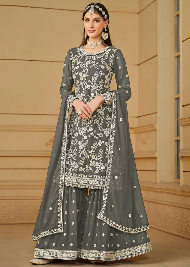 Grey Embroidered Gharara Suit