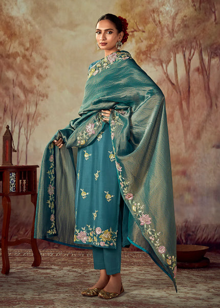 Teal Embroidered Pant Style Suit