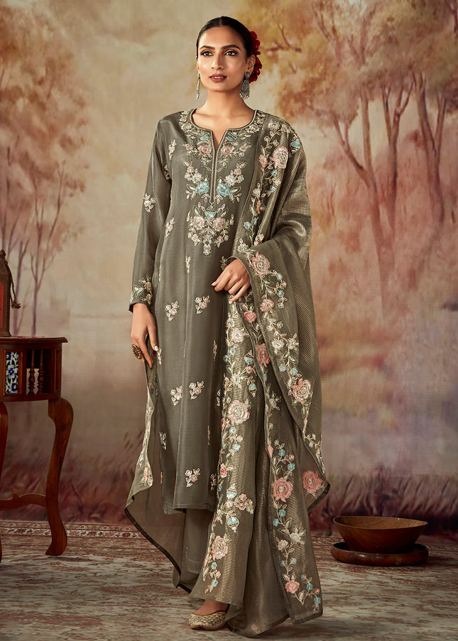 Grey Embroidered Pant Style Suit