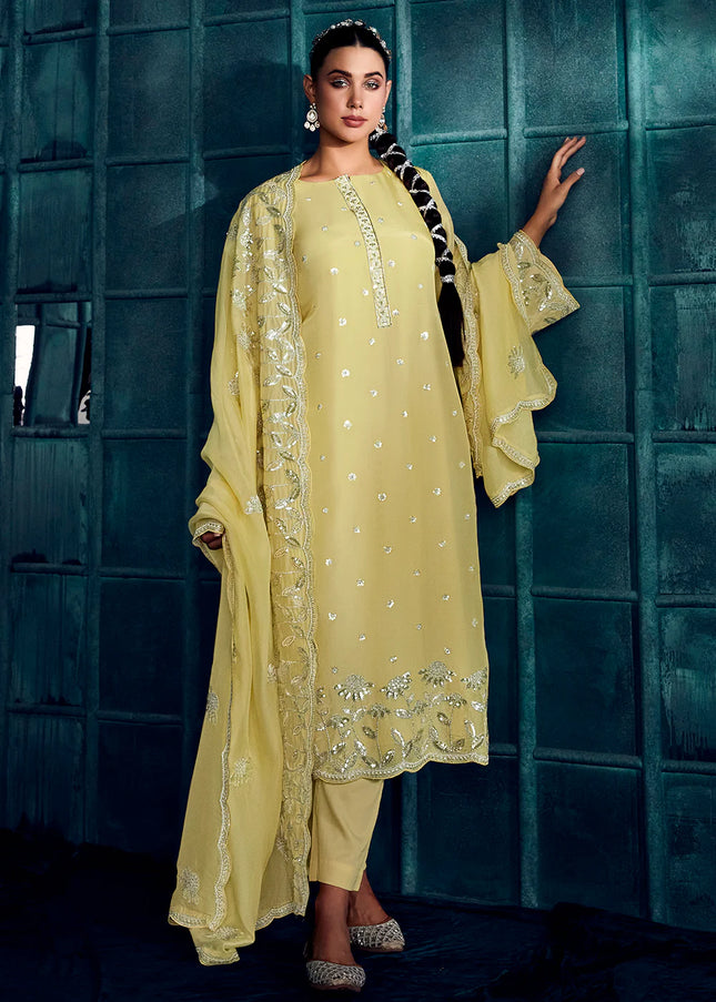 Yellow Embroidered Pant Style Suit