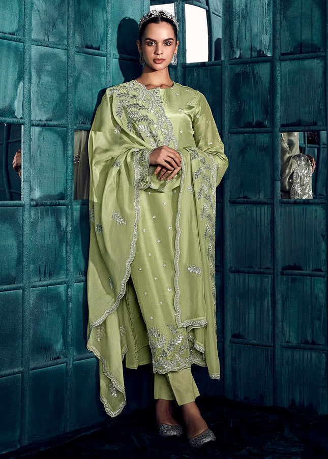 Green Embroidered Pant Style Suit