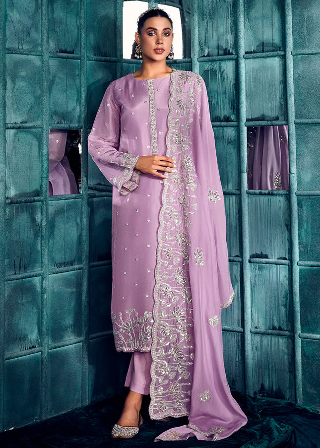 Lavender Embroidered Pant Style Suit
