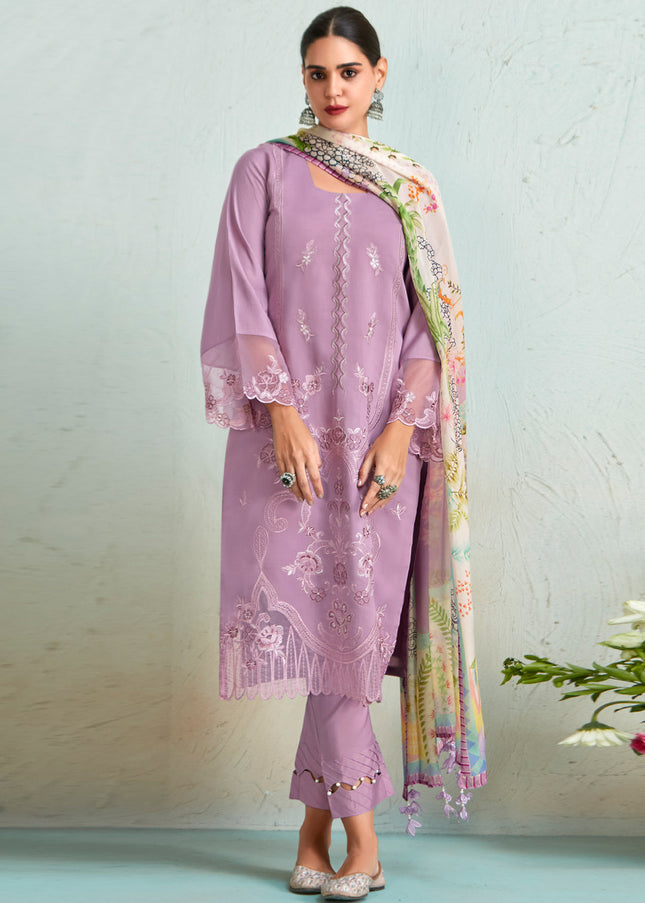 Purple Embroidered and Digital Printed Pant Style Suit