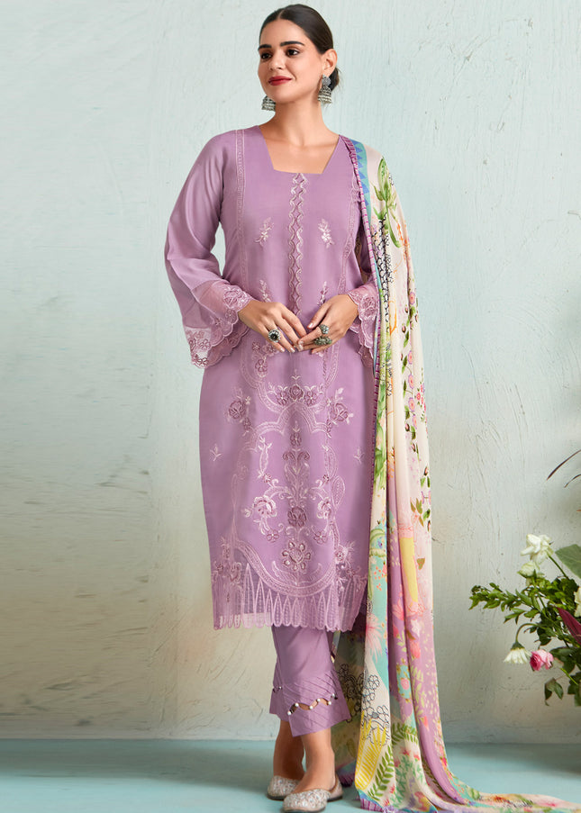 Purple Embroidered and Digital Printed Pant Style Suit