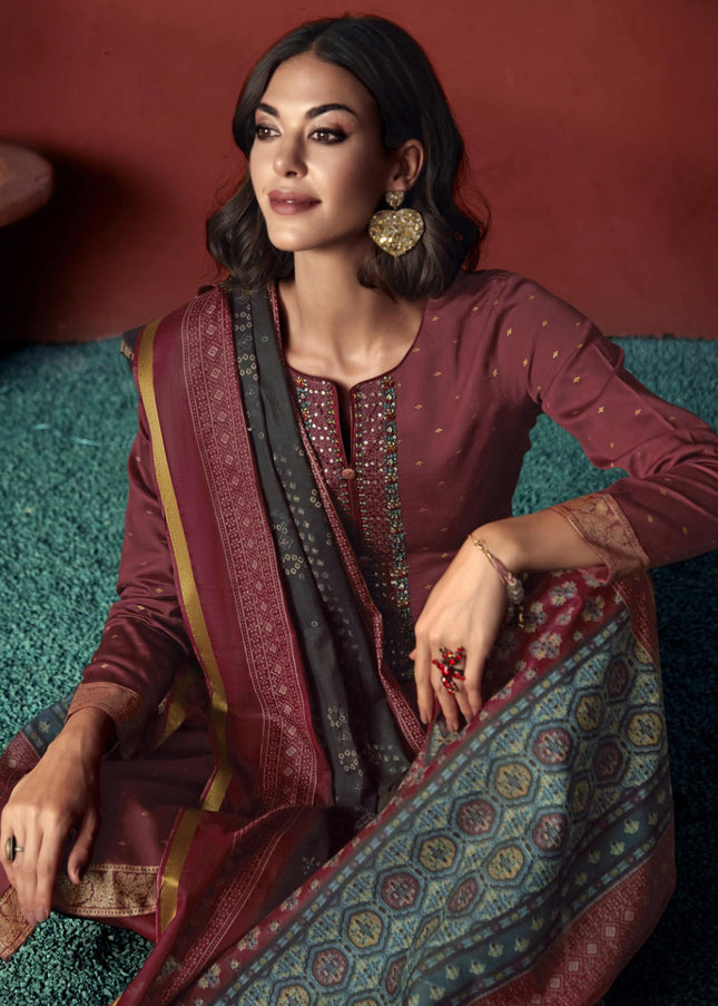 Maroon Embroidered Straight Cut Suit
