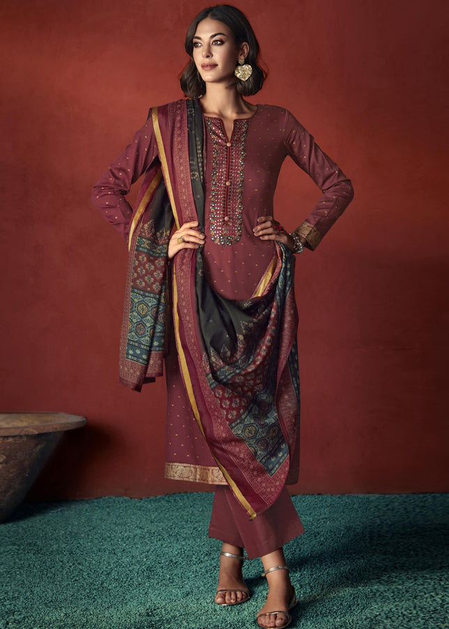 Maroon Embroidered Straight Cut Suit