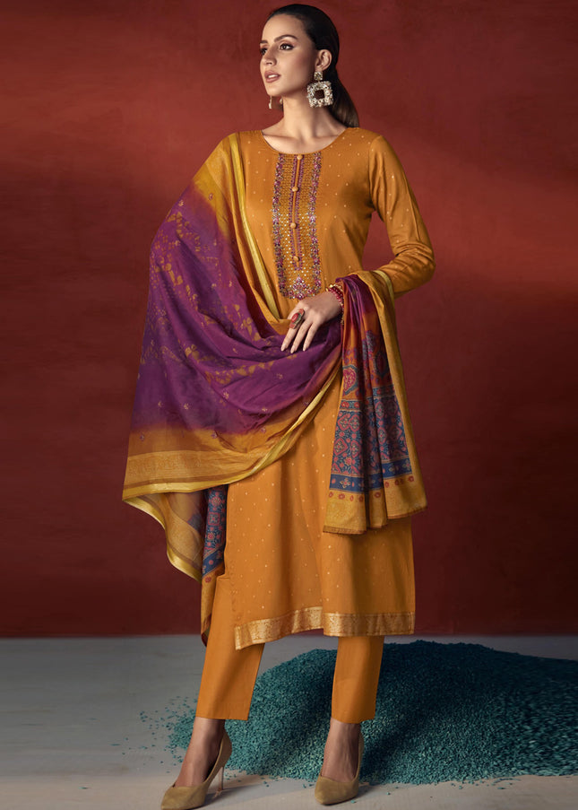 Mustard Embroidered Straight Cut Suit