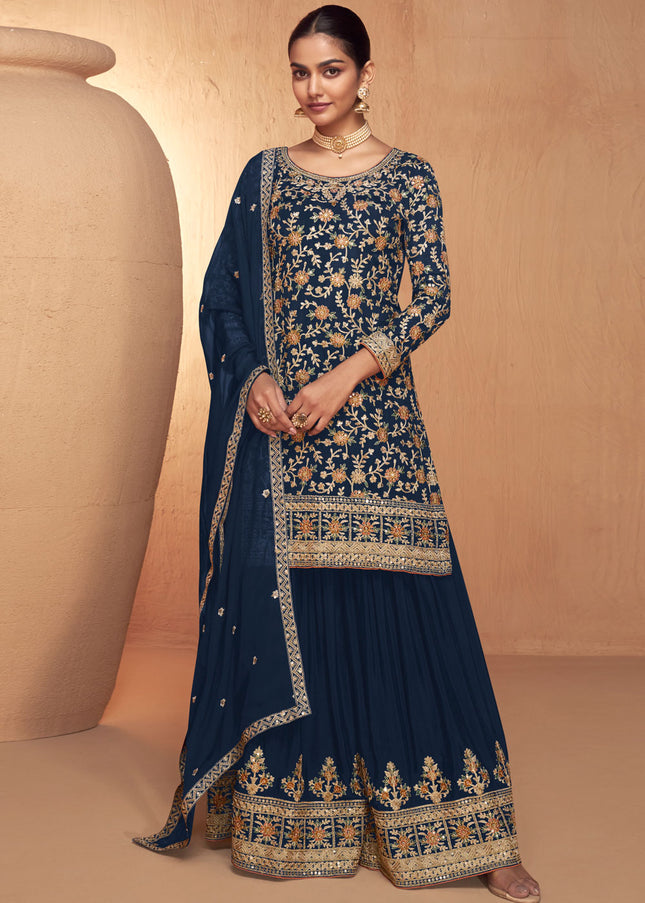 Blue Multi Embroidered Sharara Suit