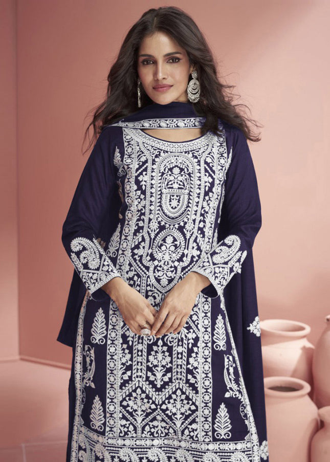 Blue Embroidered Palazzo Suit