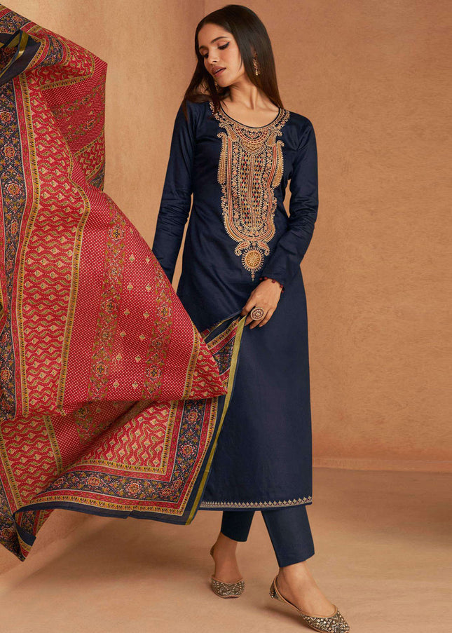 Blue and Red Embroidered Straight Suit