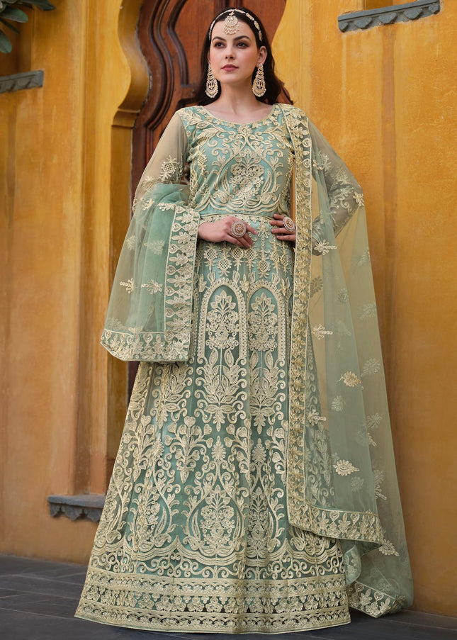 Green and Gold Embroidered Anarkali