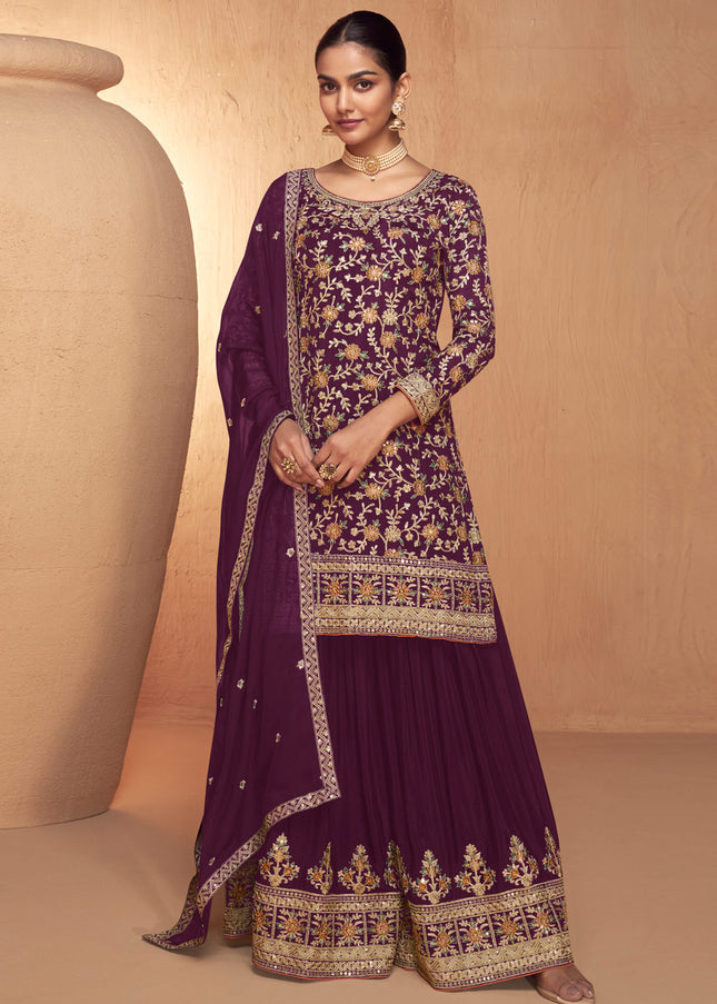 Purple Multi Embroidered Sharara Suit
