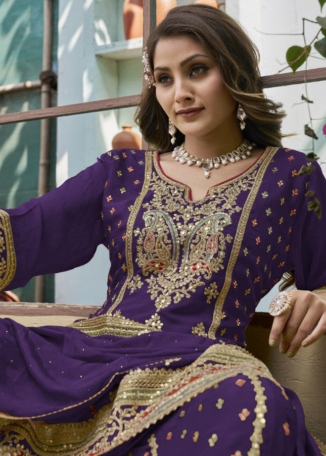 Purple and Gold Embroidered Sharara Suit