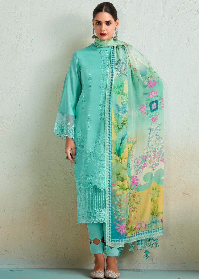 Green Embroidered and Digital Printed Pant Style Suit