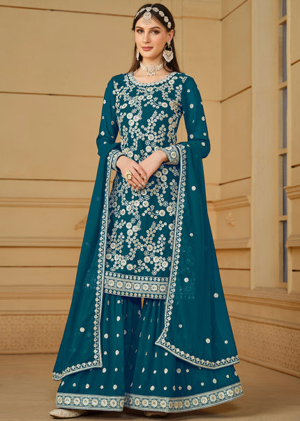 Teal Embroidered Gharara Suit