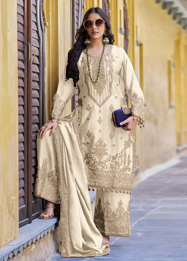 Offwhite Embroidered Palazzo Suit